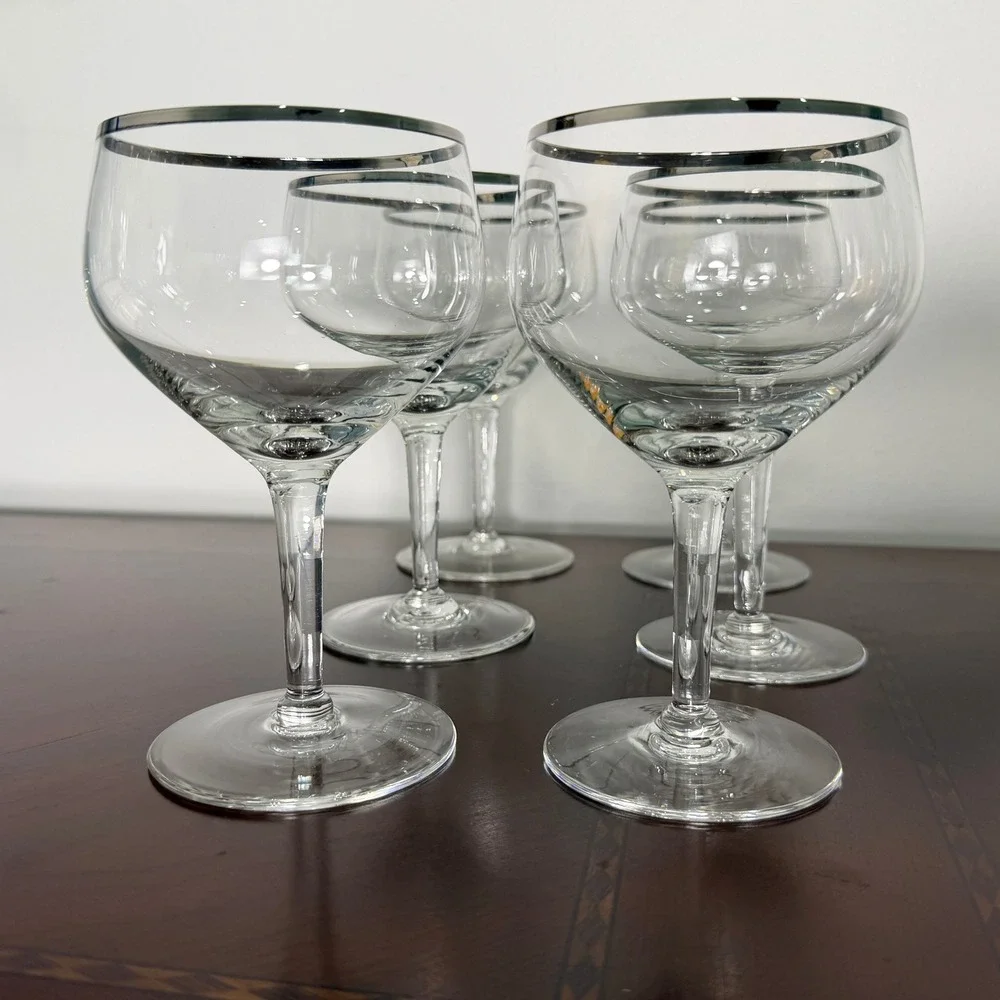 Vintage Silver Rim Coupe Glasses Set of 6 MCM Cocktail Stemware Retro Barware